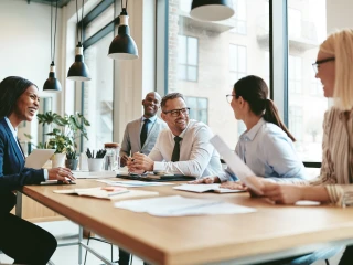 Consultants discussing HR management systems