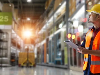 person wearing a hardhat and high vis jacket holding a tablet stood in a warehouse