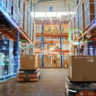 picture of a warehouse with digital wifi symbols added over the top